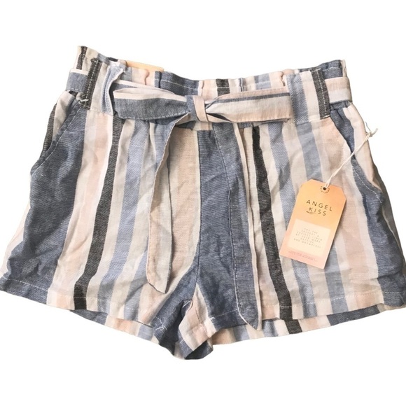 Angel Kiss Linen Blend Paper-Bag Waist Stripe Shorts NEW - Picture 1 of 7